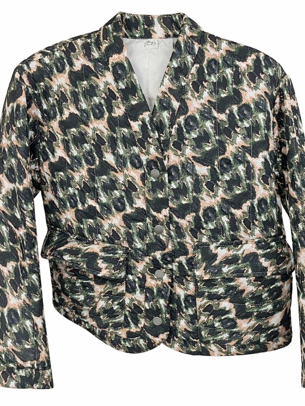Rachel Comey Quilted Leopard Print Jacket,  Green Abstract Snap Front Coat XS